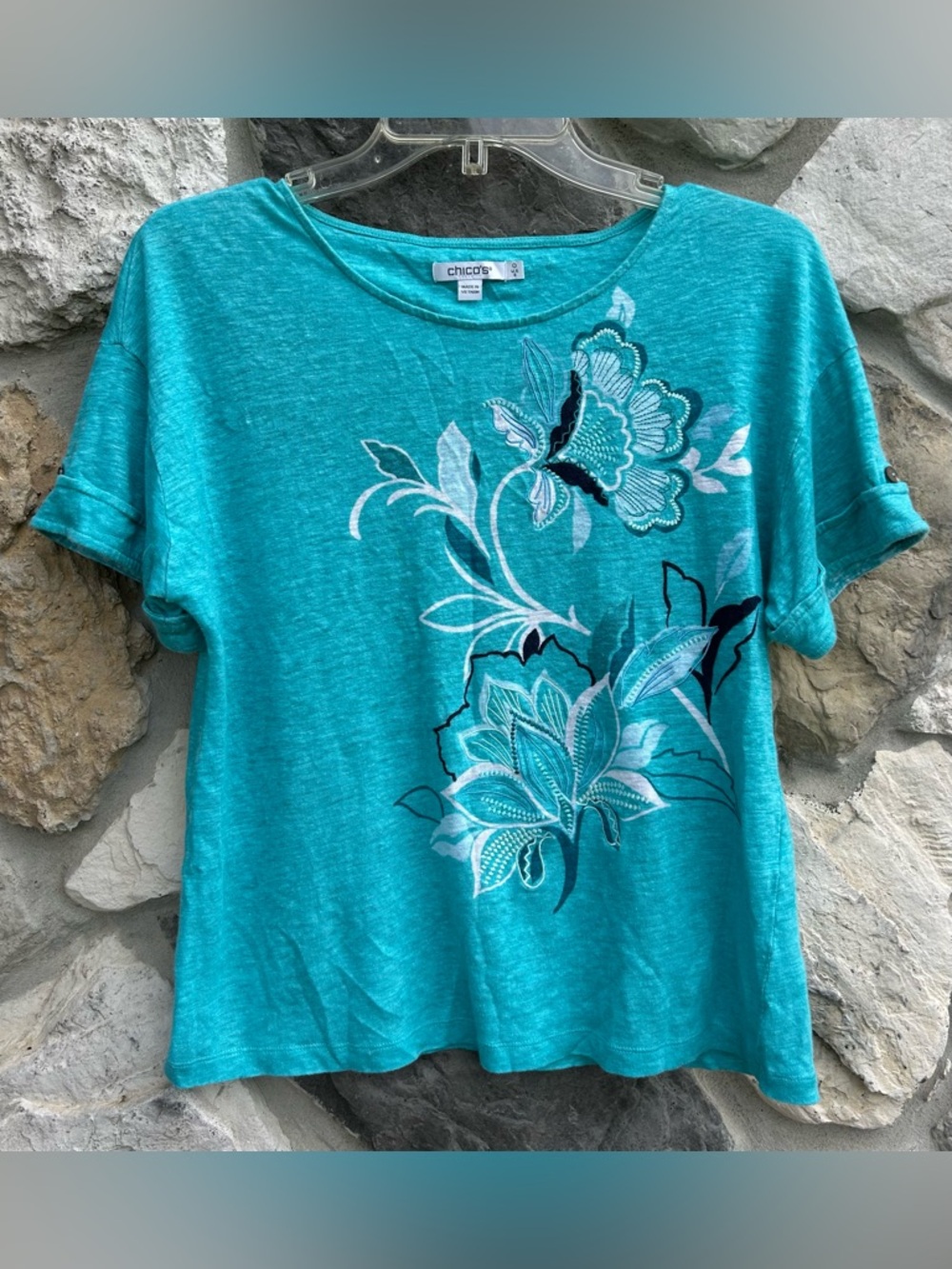 Chicos 100% Linen Top Size 1 (Small) Blue Beachy Coastal Floral Spring Cropped
